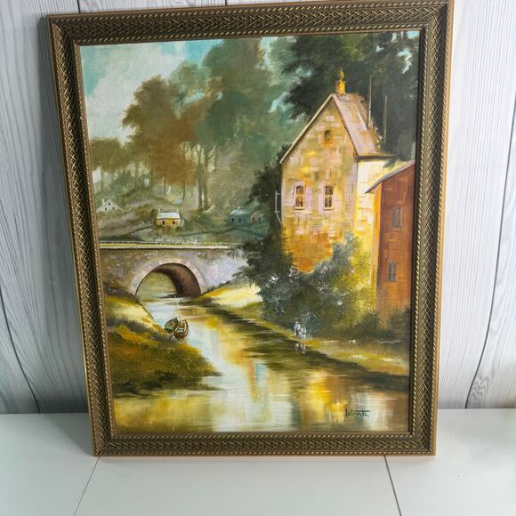 None Other - Vintage Oil Painting On Canvas Framed 16 x 20 Village Original Artist Letarte